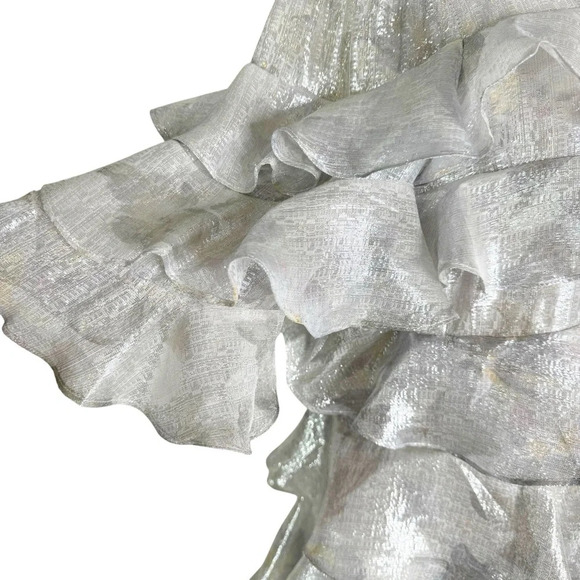 NEW Rebecca Taylor Shadow Lily Metallic Silver Silk
Ruffle Mini Dress Size 12 - Picture 9 of 15